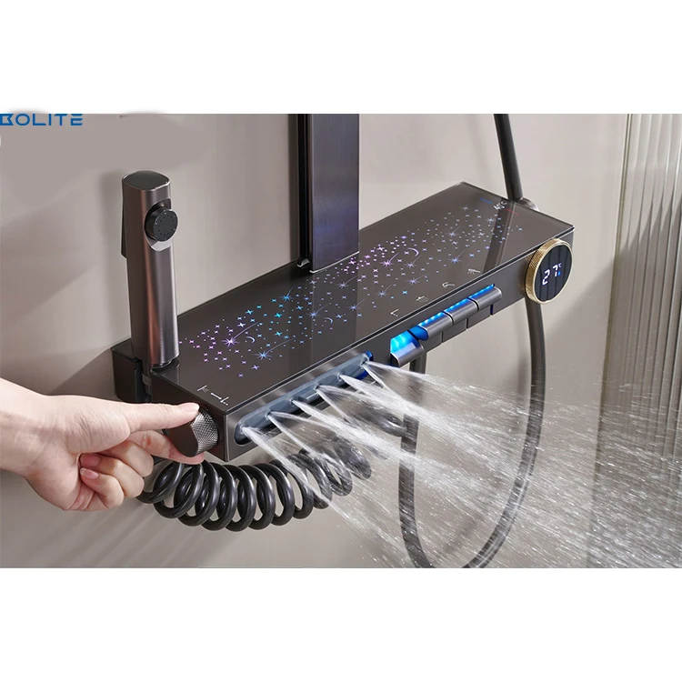 Wall Mounted 5 Functions Gun Grey Brass Digital Intelligent Led 7-Color Atmosphere Ambient Light Piano Key Shower Mixer Faucet