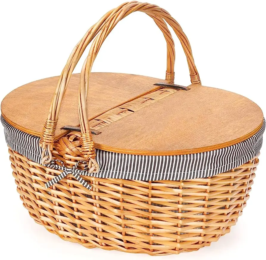 Eco-Friendly ins Hot sale wicker picnic baskets with wood lid