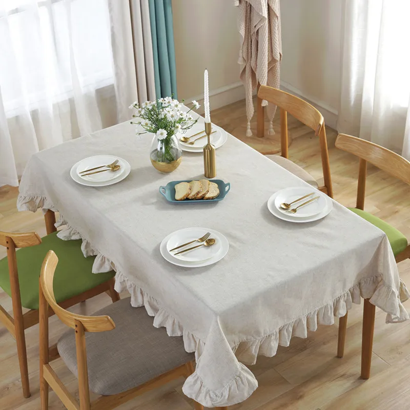 Cotton Linen Tablecloth Flounces Fabric Dust-Proof Table Cover for Kitchen Dinner Picnic Table Cloth