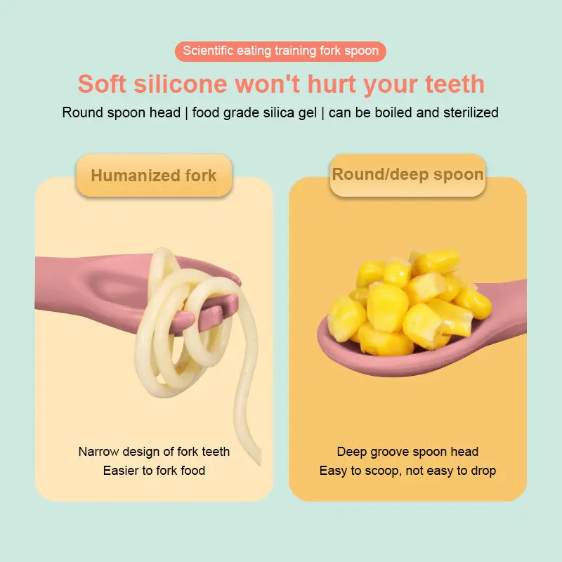 BPA Free Baby Feeding Spoon And Fork Infant First Stage Eating Spoon Set Soft-Tip Material Toddler Weaning Silicone Baby Spoon