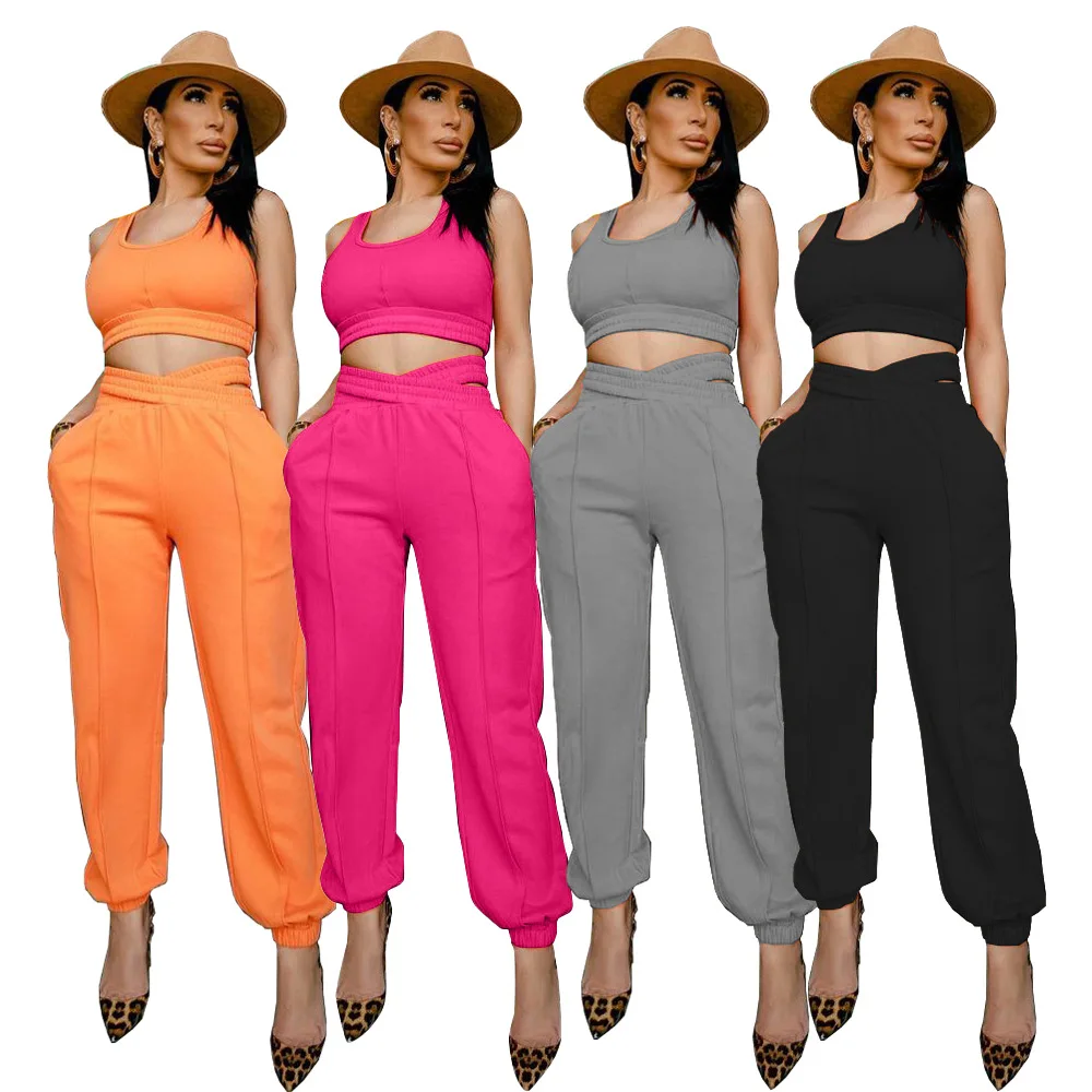  custom logo sexy tank top high waist trousers 2 piece casual suits womens two pants set for