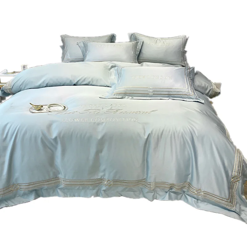 European style ice silk bedding set with duvet cover flat sheet and two pillowslips suit for naked sleeping