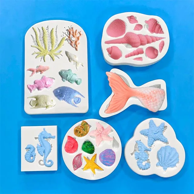 Arine Theme Fondant Silicone Mold Seashell conch Mermaid Tail Seahorse starfish coral  DIY Handmade Baking Tools for Mermaid