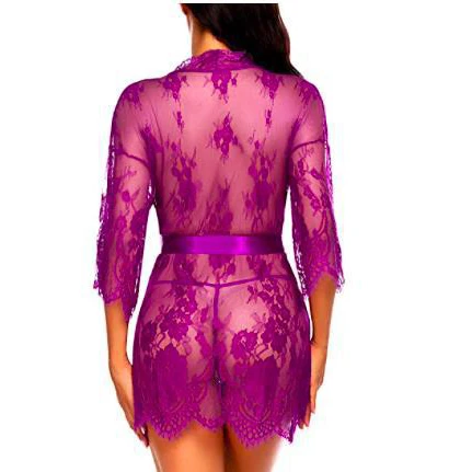 Wholesale Women Sexy Lace Kimono Robe Sheer Mesh Chemise Nightgown Embroidery Transparent Nightwear V Neck Shorts Lingerie