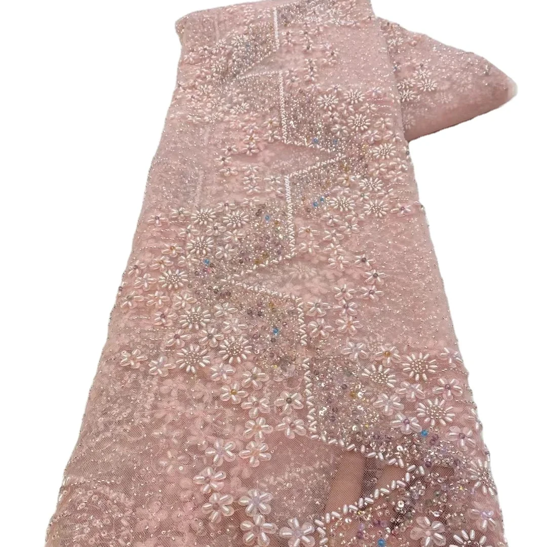 Heavy beads embroidery flower sequins tulle lace women mesh lace fabric for wedding dress