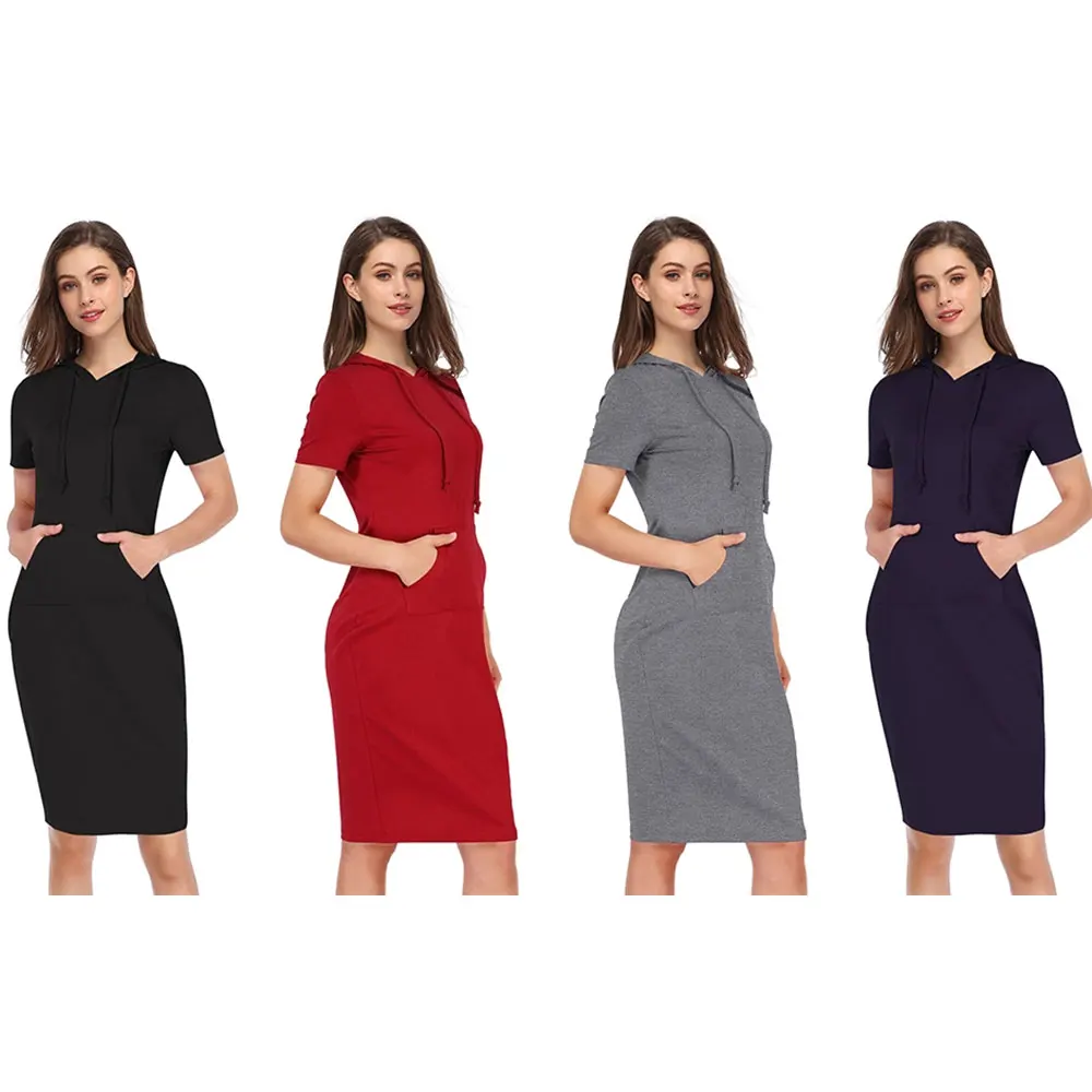 
2021 summer wholesale short sleeve women stripe pocket knee length dresses black drawstring hoodies dresses 