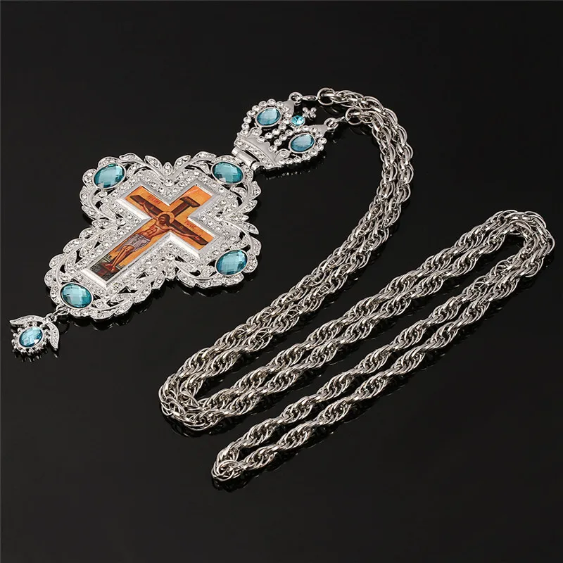 Silver Plated Alloy Chain Bishops Pectorale Cross Pendant Greek Orthodox Pectoral Cross Crucifix Necklace with Box