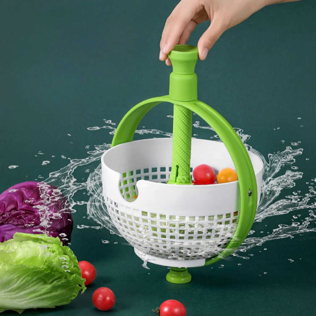 New Rotating Vegetable Cleaning Dehydration Fruit Salad Device Wash Dryer Drainer Basket Spinning Colander with Long Handle