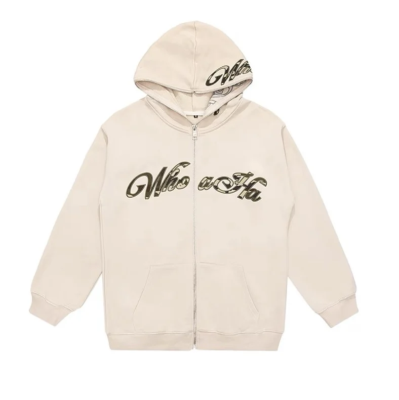 Custom thick oversized cream color zip up full face hoodie high quality heavy embroidery logo patch hoodie men