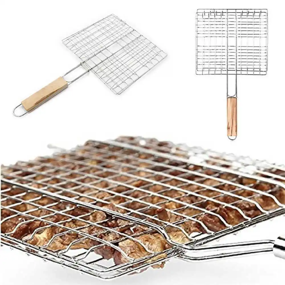 Wire BBQ Net Barbecue Grilling Basket BBQ Net Wooden Handle Meat Fish Clip Holder Durable Barbecue Supply Camp