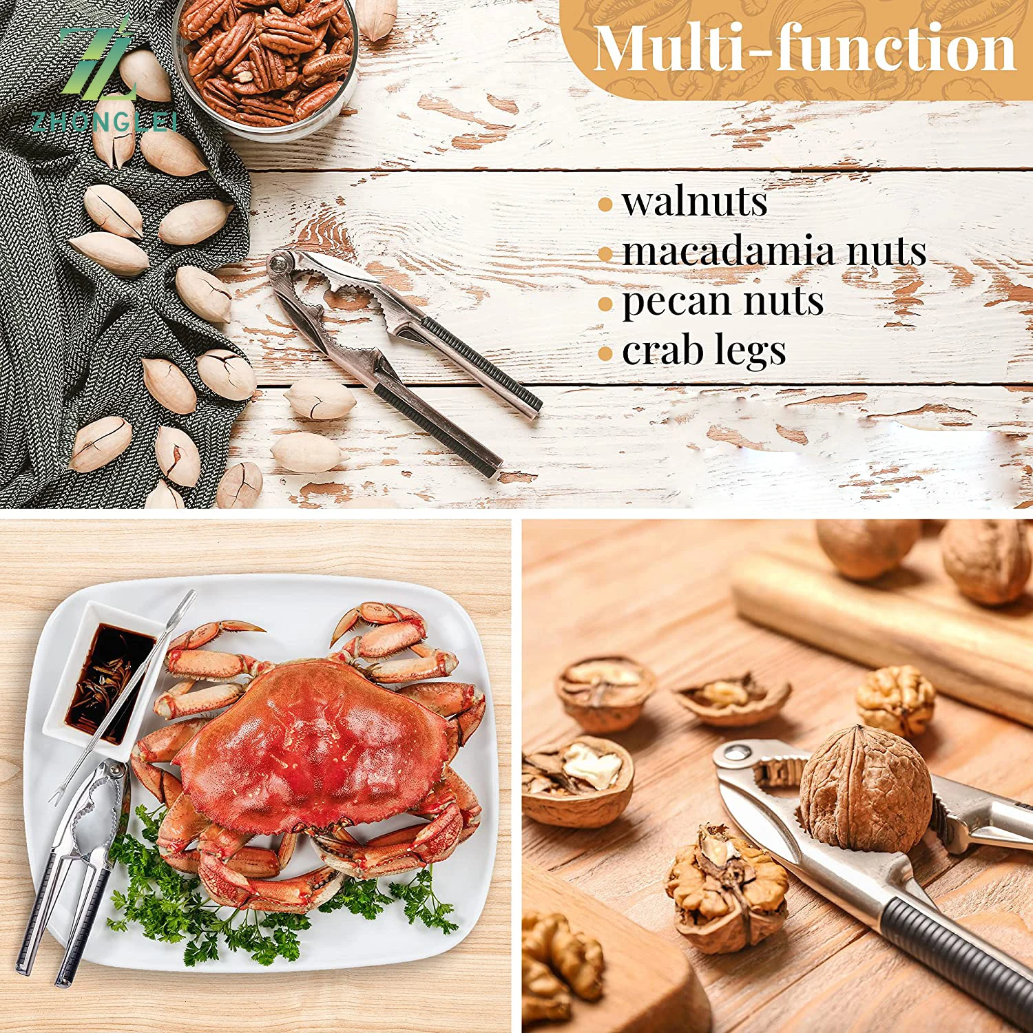 Nutcracker with Bamboo Tray and Pick Set - Heavy Duty Metal Hand Cracker for Hard Shell Nuts Pecan Pistachio Walnuts