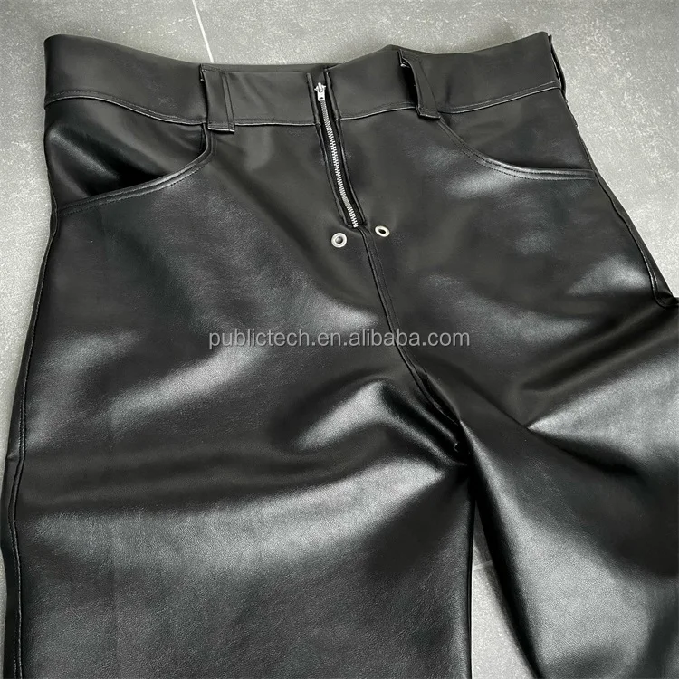Manufacturer Vintage Streetwear high quality Zipper Pu Flare Sweat Trousers Custom Faux Leather Stacked Pants Men