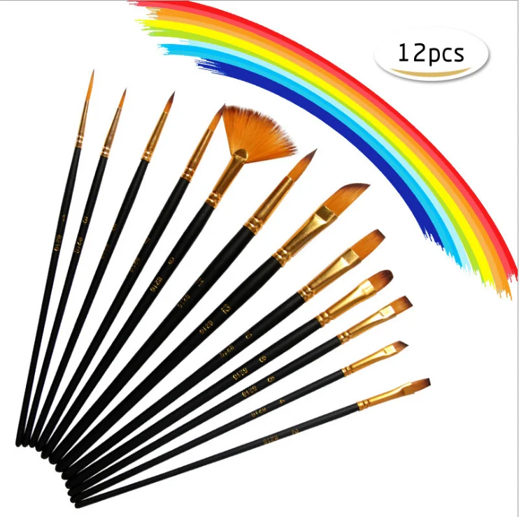 
12 Pcs Arts Brushes Set With Wood Handle Durable Smooth Nylon Hair Oil Painting Watercolor Paint Artist Brush 