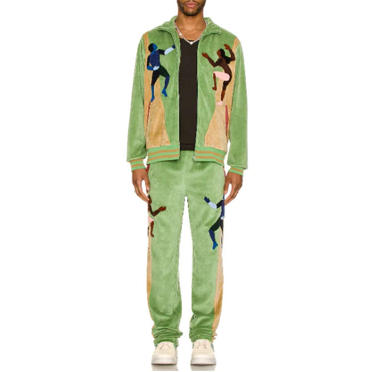 Custom wholesale mens velour track suit with chenille embroidered exercise sets