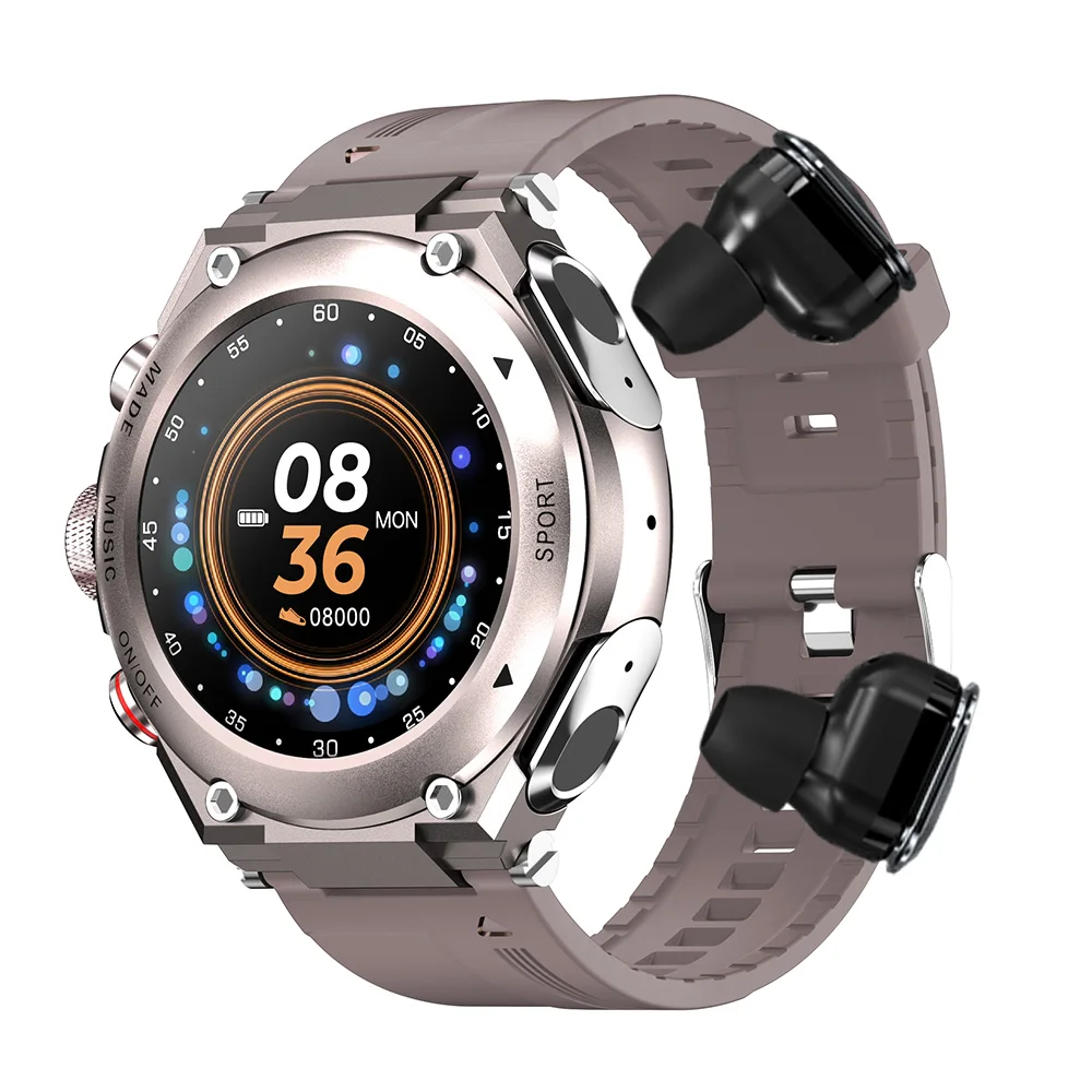 T92 1.28 Inch Round Touch Screen Wireless Call Smart Watch Waterproof Sport Reloj Band 2 In 1 Smartwatch With Earphone Earbuds