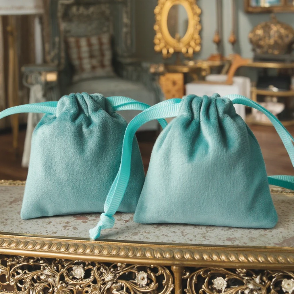 Синяя сумка для ювелирных изделий на шнурке бархатная с логотипом