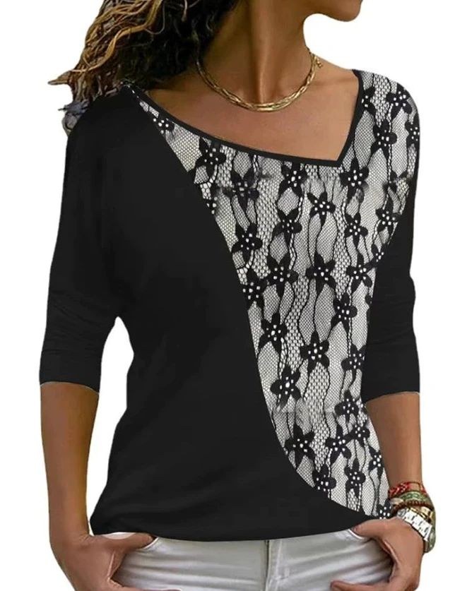 Mosaic printed V-neck casual long sleeve T-shirt female