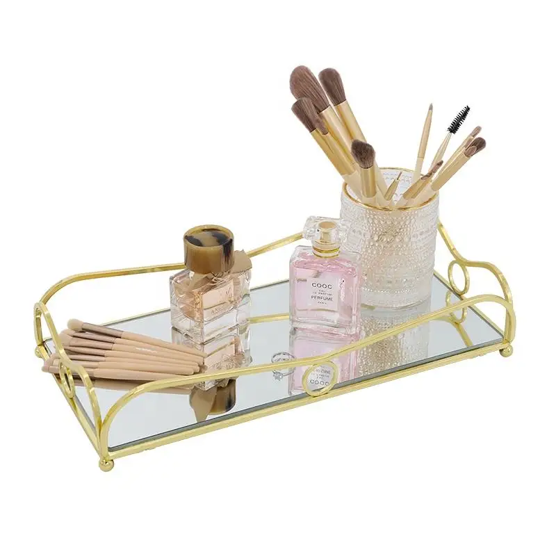 Gold Mirror Vanity Tray Large Perfume Glass Metal Makeup Decorative Rectangle Mirrored Jewelry Organizer for Vanity Bathroom