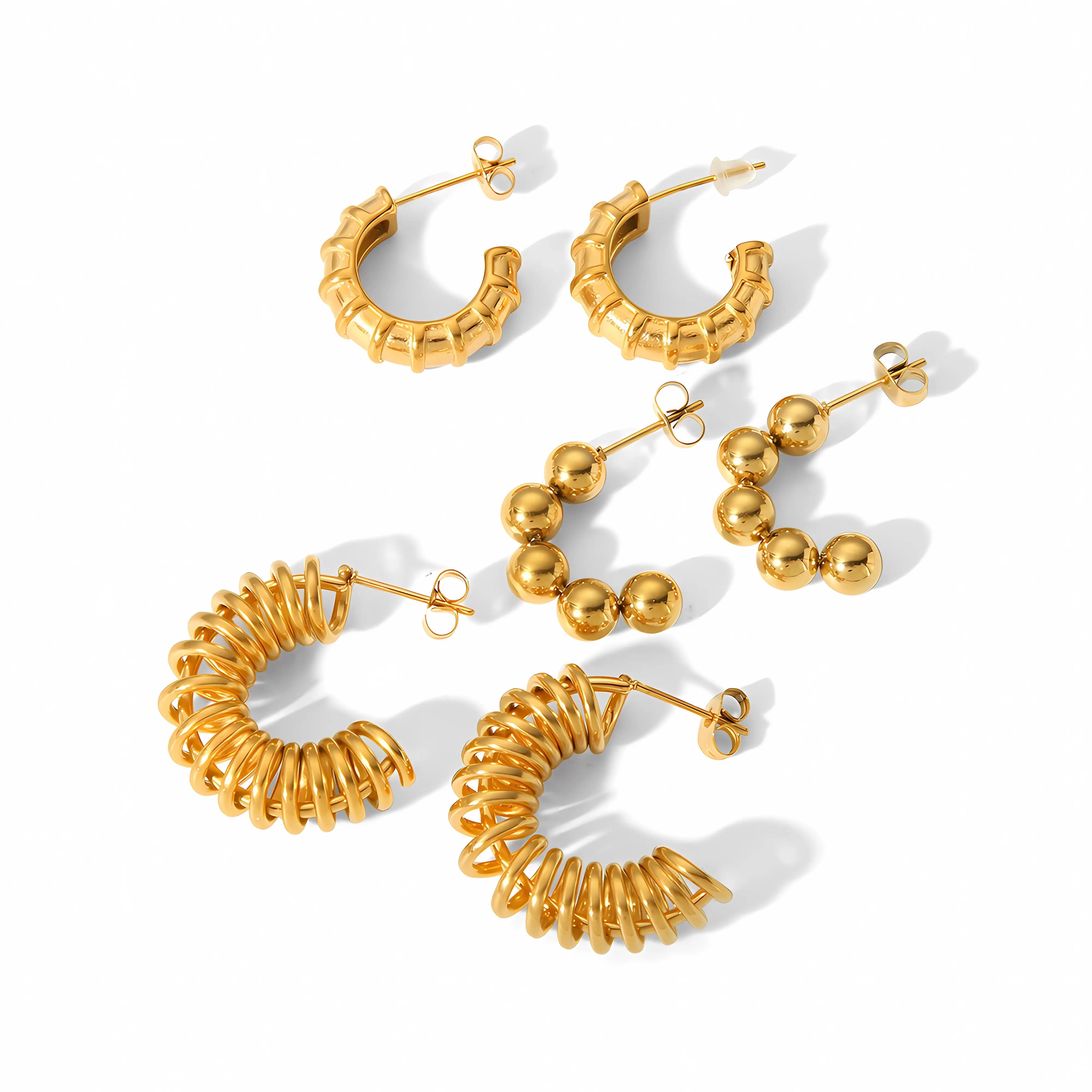 LQ Telephone Wire Gold hoop Earrings C Shape Hollow Design 18k Gold Plated Stainless Steel Vintage Chunky Beads Hoops Earrings