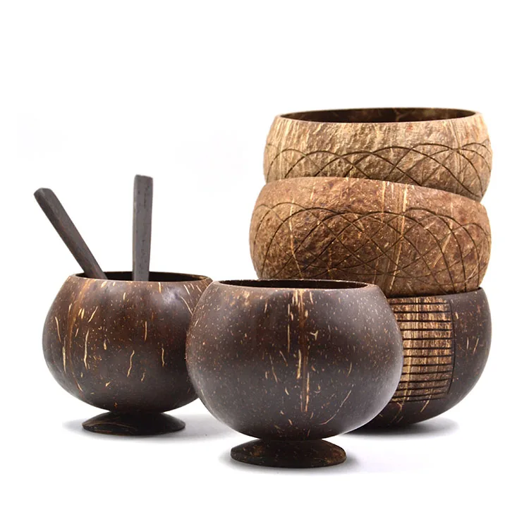 Natural Coconut Shell Wood Cup Bowl Set For Drinks With Stand And Spoon Custom Logo