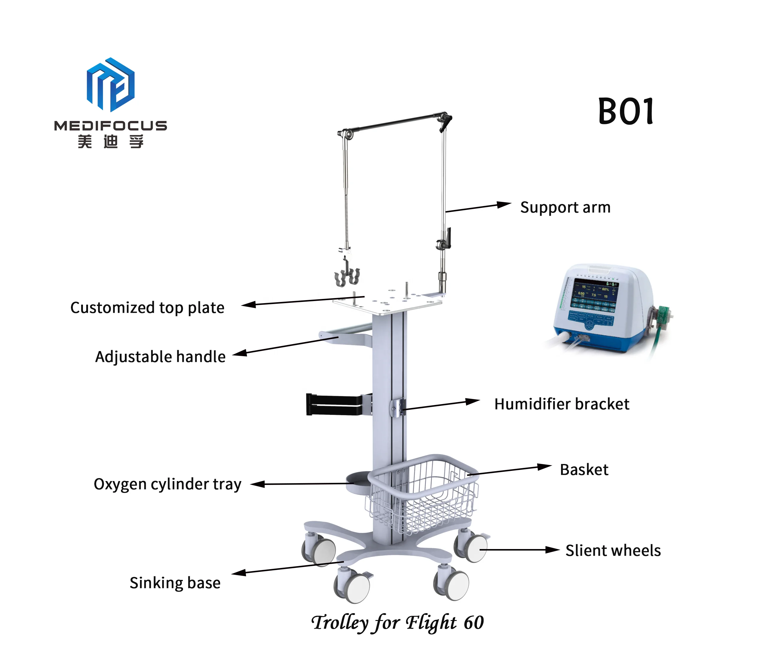 Best price made in China ergonomic stable easy clean cart Flight 60 ventilation trolley cart