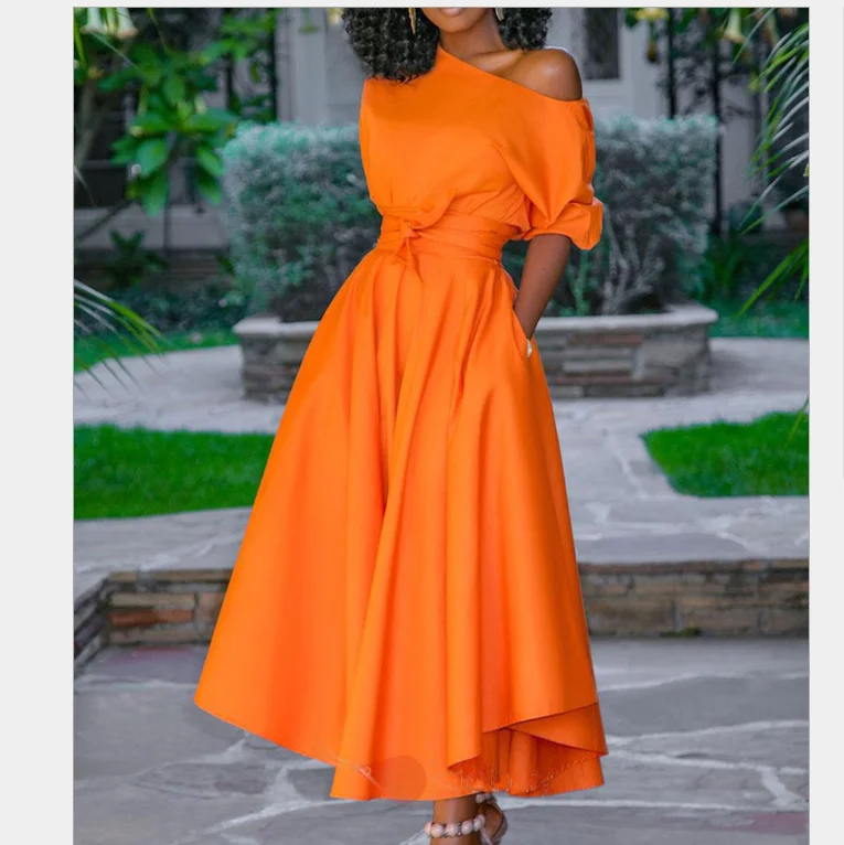 South Africa Women casual dress orange colors fashion design long dress chiffon new style women plus size casual dress