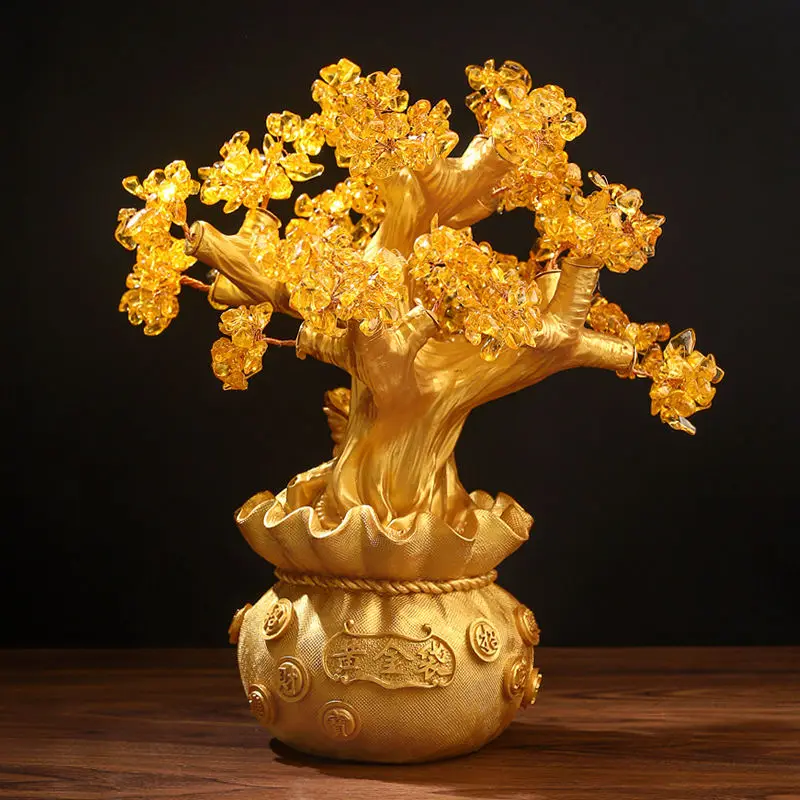 Wholesale creative Chinese style Chinatown golden luxury decoration Citrine Oak tree resin crafts Home Feng Shui ornaments