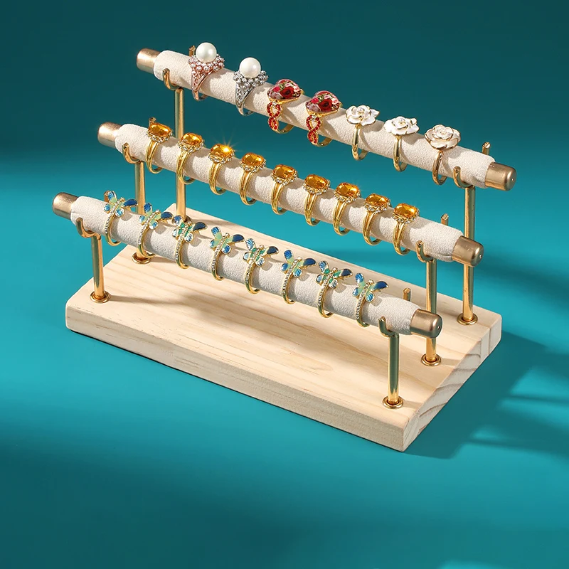 Three-Layer Solid Wood and Wrought Iron Ring Display Rack Jewelry Packaging & Display
