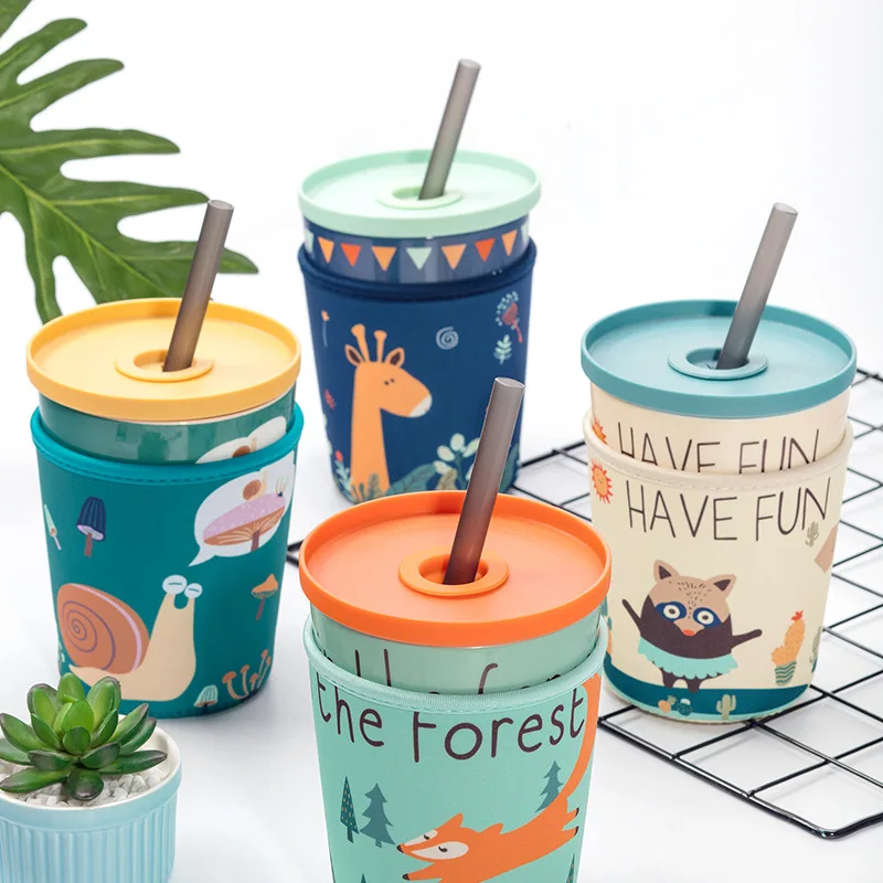 Wholesale Double Wall Drinking Cups Large Capacity Ceramic Travel Coffee Mug with Straw Lid and Spoon Packaging Boxes for kids