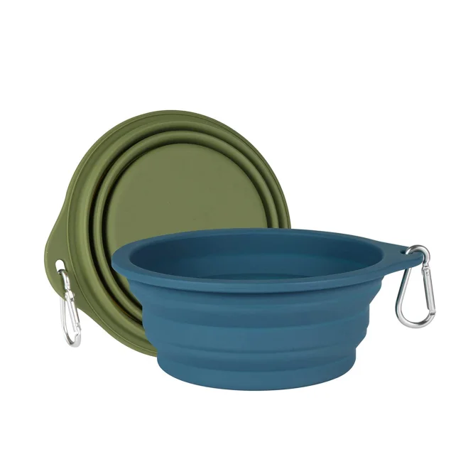 100% Silicone Foldable Double Dog Pets Water Bowls for Camping and Traveling
