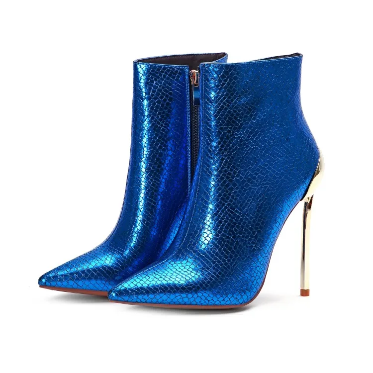 HMB215 shining PU leather metal thin high heel pointed toe ankle high quality boots for women