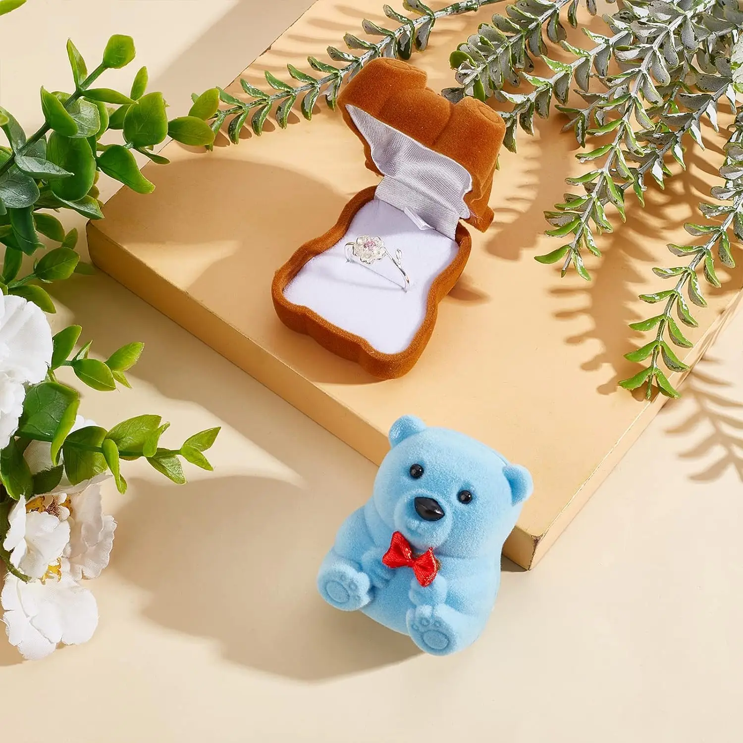 Bear Ring Box Flocking Jewelry Trinket Box Simple Ring Storage Box for Proposal Ring Wedding Ceremony Engagement Christmas