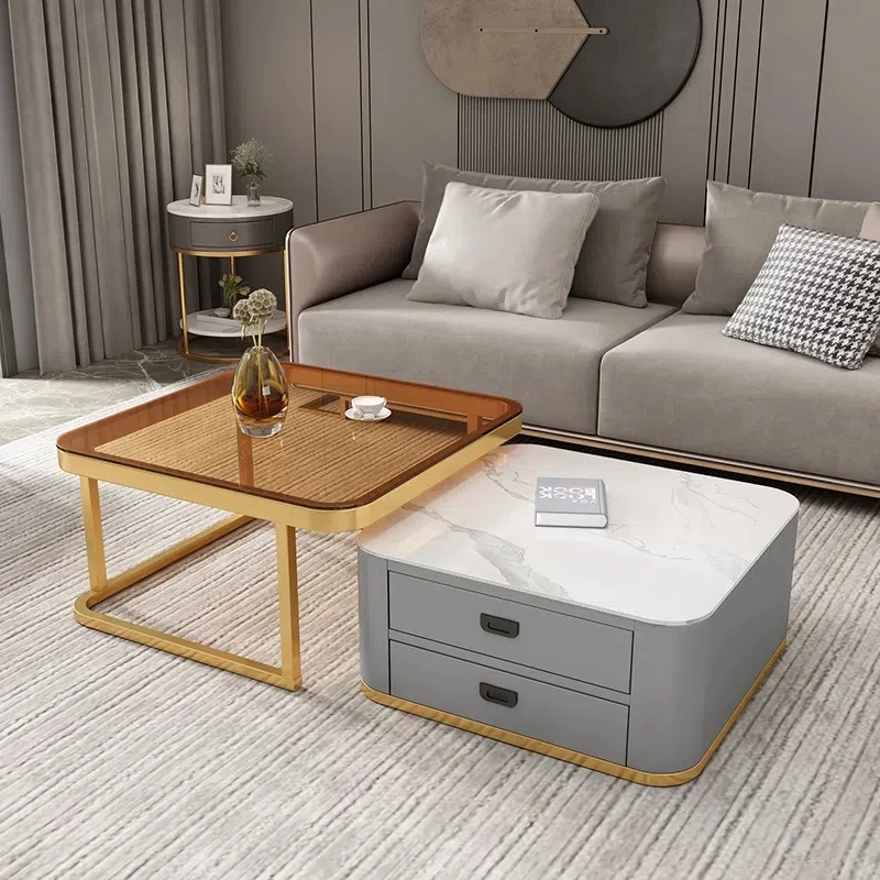 Light Luxury Modern Living Room Household Small Flat Rock Plate square Retractable Glass TV Stand Set