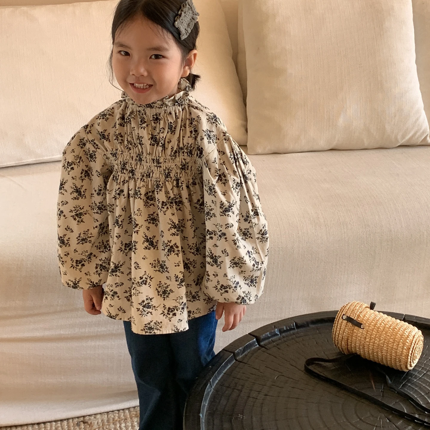 Vintage edge long sleeved tied shirt top Autumn Kids Girls Casual cotton floral Shirts Baby Children Top Shirts