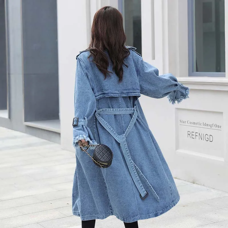 New arrival design womens long denim coat belt belt lapel ladies denim overcoat