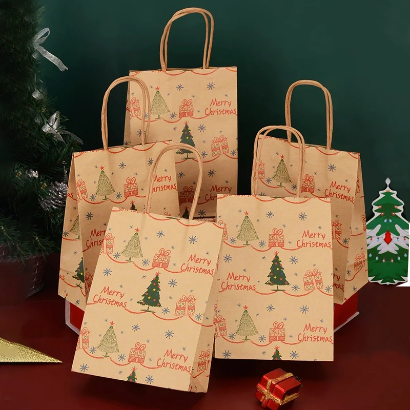 Custom Brown Christmas Tree Gift bolsas de papel With Your Own Logo Handle Brown Paper Bags For Packaging