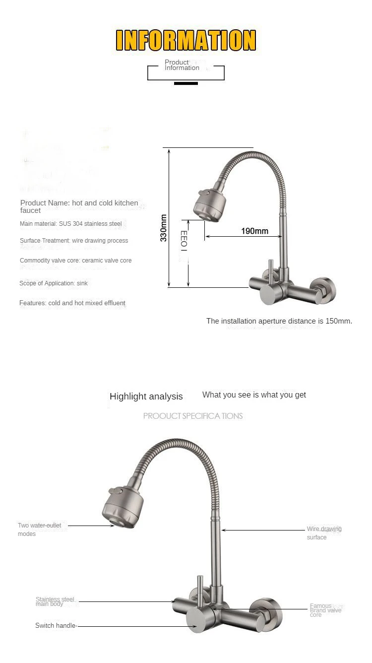 304 Stainless Steel Hot and Cold Double Hole Sink Universal Pipe Shower Water Rotary Kitchen Faucet