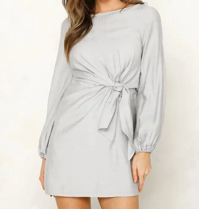 
New fashion crew neck mini length silver women long sleeve causal dress with elastic cuff 