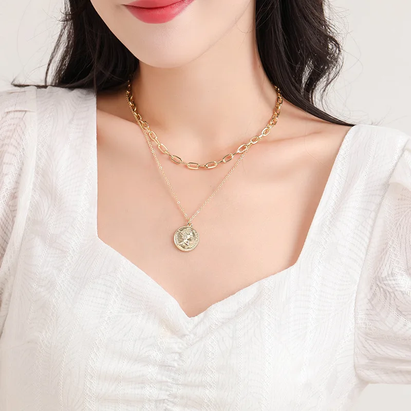 Laodun Statement Unique Design Jewelry Most Popular Products Face Portrait Pattern Cross Pendant Layered Women Necklace