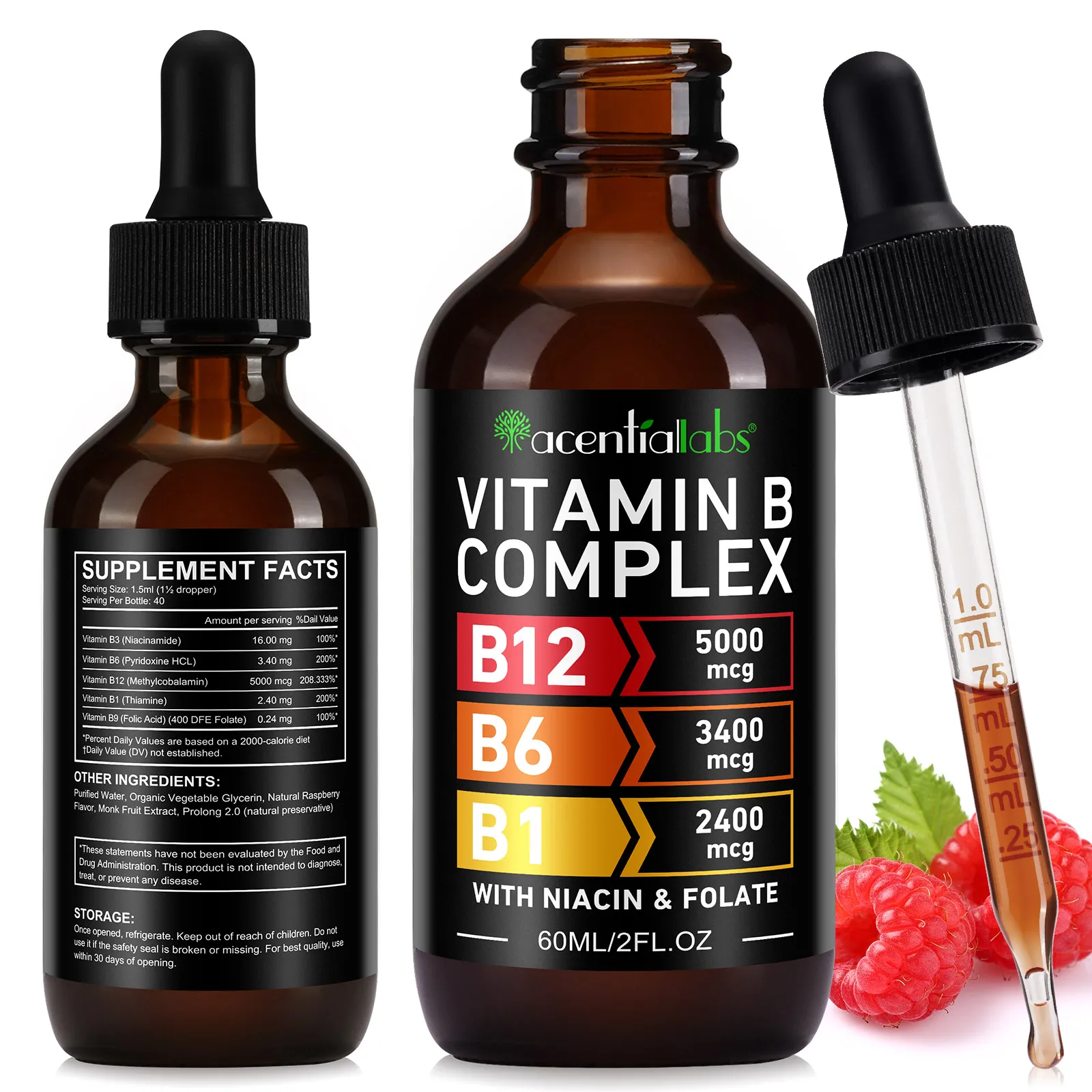 Acentiallabs raspberry flavor vitamines b12 b6 b1 niacin folate 60ml vitamin b supplements vitamin b complex liquid drops