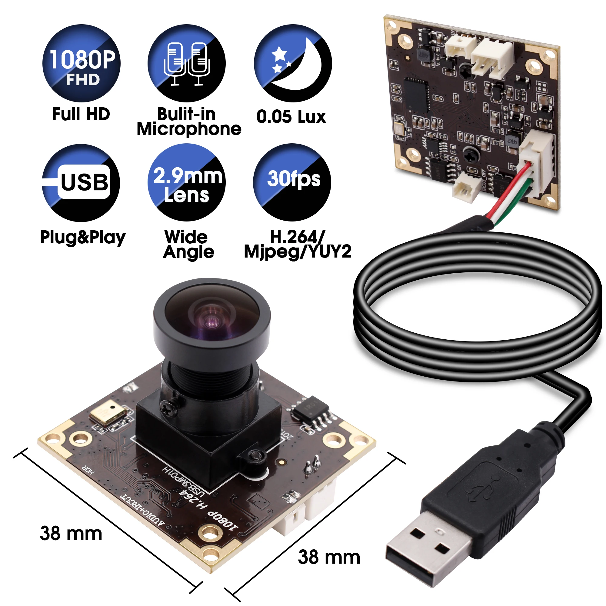 ELP Web Cam WDR H.264 HD 30fps 3mp Audio Camera PCB Mini Board Industrial Camera Module Wide Angle with 2.9mm lens