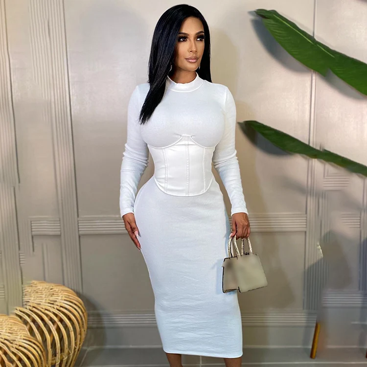 Latest Women Apparel Dresses Fall Patchwork Long Sleeve Fitted Tunic Elegant Maxi Dress