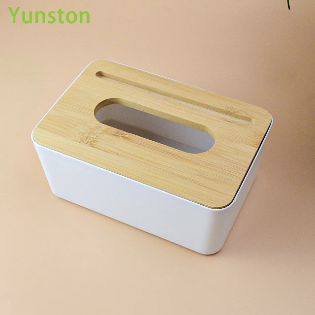 Plastic tissue box with phone holder Rectangular tissue box with wooden lid Plastic napkin boxes with custom patterns
