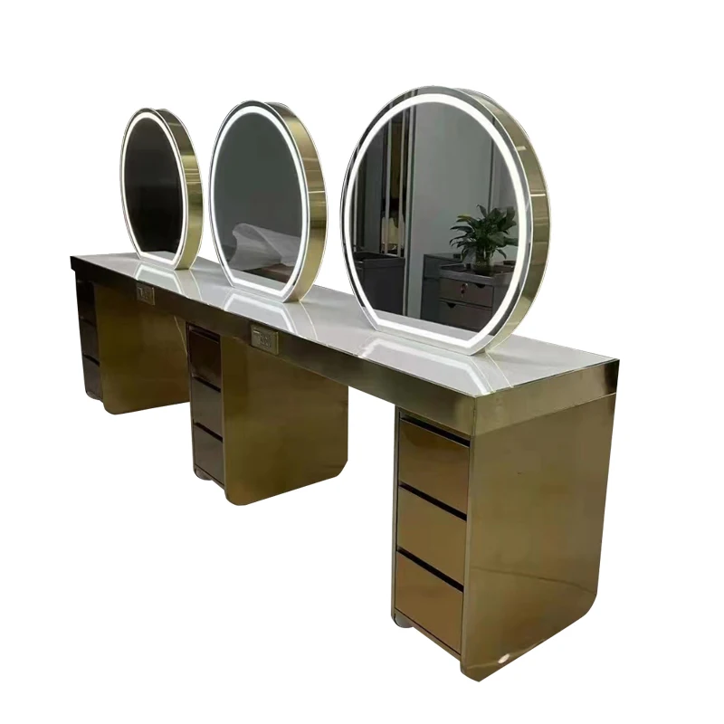 2022 Super Huge Gold 3 Working Hair Salon Mirror Station Used  Total Station For Sale Lighted Salon Station