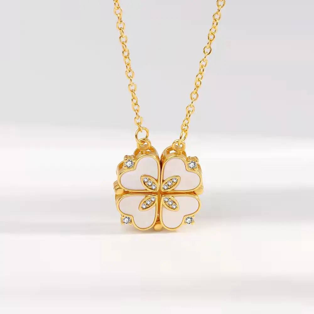 Lateefah OEM 18K Gold Jewelry Two Ways To Wear Necklaces Folding Magnet Four Heart Leaf Enamel Necklace
