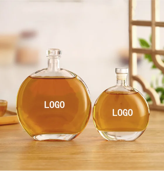 Custom logo Round flat 100ml 330ml 500ml Glass Bottle Wholesale Rum Whiskey Liquor Gin Wine Spirit vodka bottle with cork