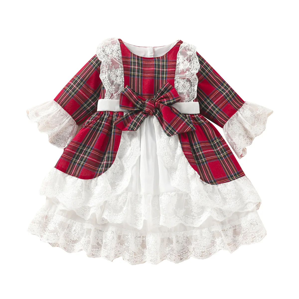 Newest red black plaid beautiful smocked Christmas dress for kids girl