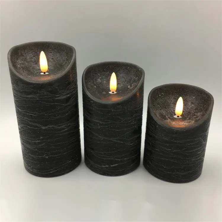 Electric Wickless Pillar Battery Operated Flickering Timer Set of 3 Realistic Flameless Black LED Candles with Remote Control