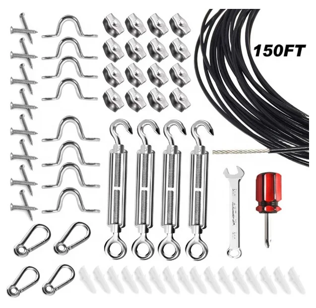 String Light Suspension Kit with Stainless Steel 150fts PVC Coated Wire Rope,Turnbuckle and Hooks