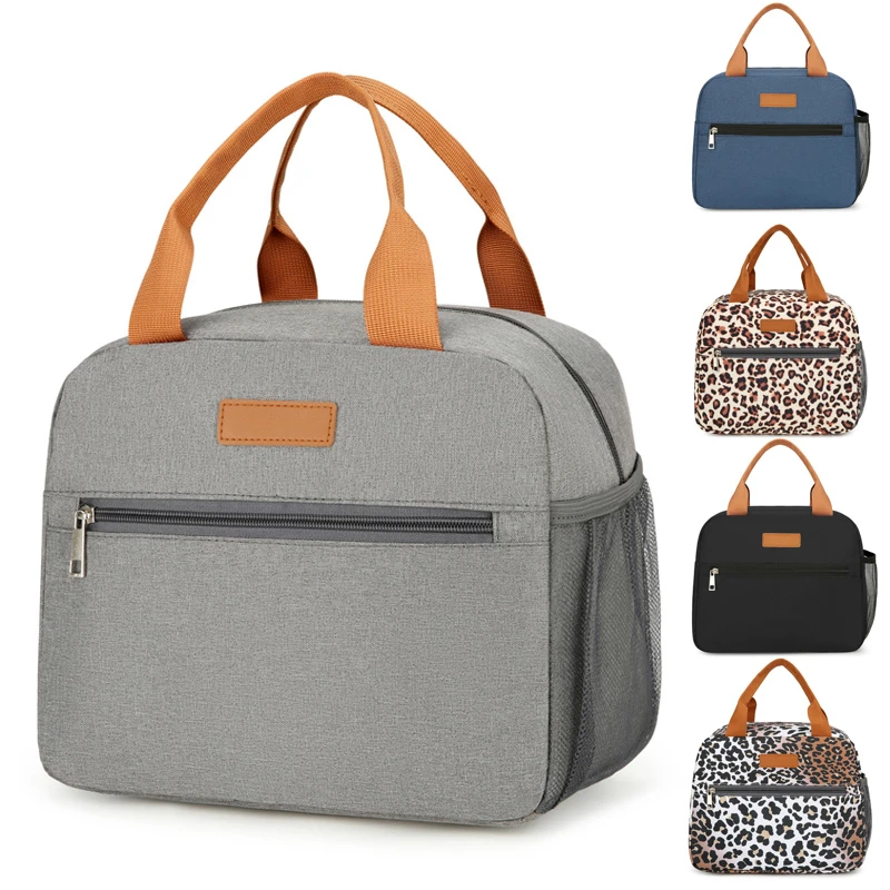 Custom Logo Portable Leather Handles Food Thermal Lunch Tote Bags Waterproof Polyester Soft Insulated Lunch Cooler Bag